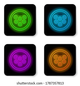 Glowing neon line Caviar on a plate icon isolated on white background. Black square button. Vector.