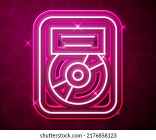 Glowing neon line CD disk award in frame icon isolated on red background. Modern ceremony. Best seller. Musical trophy.  Vector