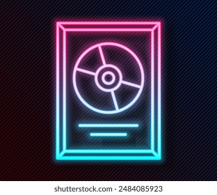 Glowing neon line CD disk award in frame icon isolated on black background. Modern ceremony. Best seller. Musical trophy.  Vector Illustration