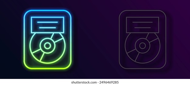 Glowing neon line CD disk award in frame icon isolated on black background. Modern ceremony. Best seller. Musical trophy.  Vector