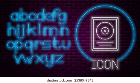 Premio de disco de CD de línea de neón brillante en icono de marco aislado en fondo de pared de ladrillo. Ceremonia moderna. Best seller. Trofeo musical. Alfabeto de luz de neón. Vector