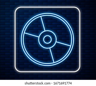 Glühendes Neon-line-CD- oder DVD-Symbol einzeln auf Backsteinwandhintergrund. Kompaktes Festplattenzeichen. Vektorillustration-Illustration