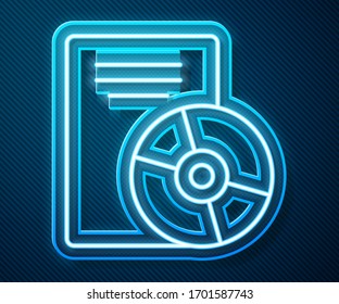 Glowing neon line CD or DVD disk icon isolated on blue background. Compact disc sign.  Vector Illustration