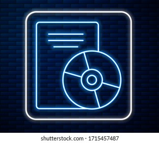 Glowing neon line CD or DVD disk icon isolated on brick wall background. Compact disc sign.  Vector Illustration