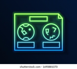 Glowing neon line Celestial map of the night sky icon isolated on blue background. Starry hemisphere. Planisphere and constellations.  Vector Illustration