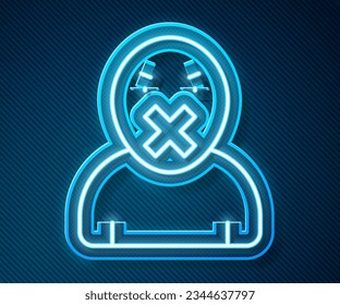 Glowing neon line Censor and freedom of speech concept icon isolated on blue background. Media prisoner and human rights concept. Tied mouth.  Vector