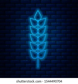 Glowing neon line Cereals set with rice, wheat, corn, oats, rye, barley icon isolated on brick wall background. Ears of wheat bread symbols.  Vector Illustration