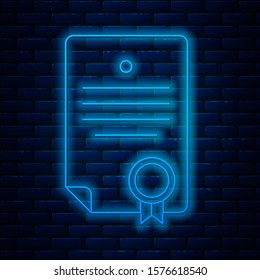Glowing neon line Certificate template icon isolated on brick wall background. Achievement, award, degree, grant, diploma. Business success certificate.  Vector Illustration
