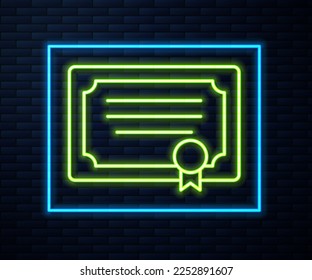 Icono de plantilla de certificado de línea de neón brillante aislado en fondo de pared de ladrillo. Logro, premio, título, subvención, diploma.  Vector