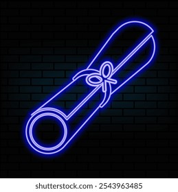 Icono de Plantilla de certificado de línea de neón brillante aislado en fondo de pared de ladrillo. Conceptos de logro, premio, título, subvención, diploma. Certificado de éxito empresarial. Ilustración vectorial.