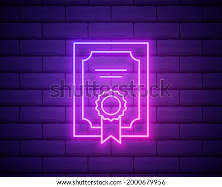 Glowing neon line Certificate template icon isolated on brick wall background. Achievement, award, degree, grant, diploma concepts. Business success certificate. Vector Illustration