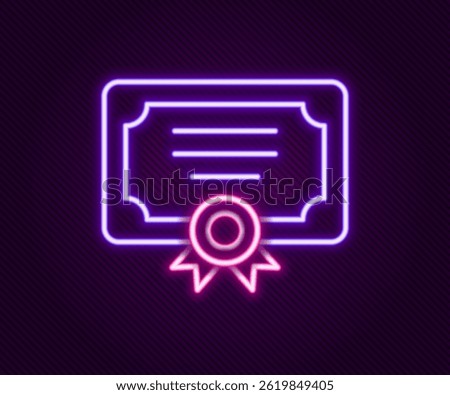Glowing neon line Certificate template icon isolated on black background. Achievement, award, degree, grant, diploma concepts. Colorful outline concept. Vector