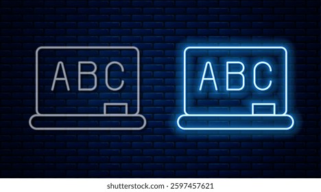 Glowing neon line Chalkboard icon isolated on brick wall background. School Blackboard sign.  Vector