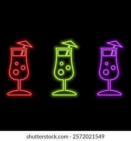 Glowing neon line Champagne glass icon isolated on brick wall background. vector.