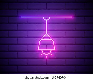 Glowing neon line Chandelier icon isolated on brick wall background. Vector Illustration.