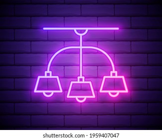 Glowing neon line Chandelier icon isolated on brick wall background. Vector Illustration.