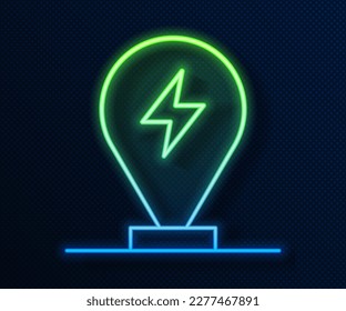 Glowing neon line Charging parking electric car icon isolated on blue background.  Vector
