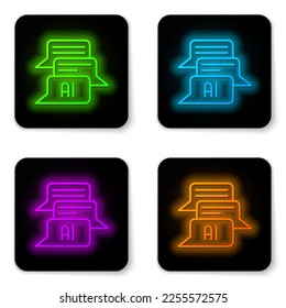 Glowing neon line Chat bot icon isolated on white background. Chatbot icon. Black square button. Vector