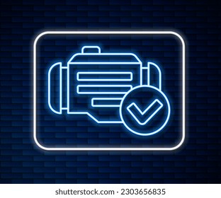 Glowing neon line Check engine icon isolated on brick wall background.  Vector