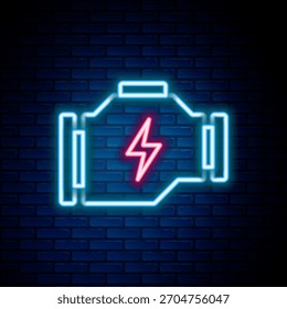 Línea de neón brillante Compruebe el icono del motor aislado en el fondo de la pared de ladrillo. Concepto de contorno colorido. Vector