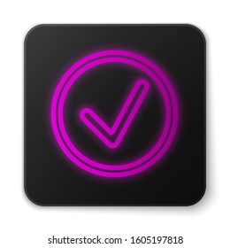 Glowing neon line Check mark in circle icon isolated on white background. Choice button sign. Checkmark symbol. Black square button. Vector Illustration