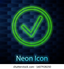 Glowing neon line Check mark in circle icon isolated on brick wall background. Choice button sign. Checkmark symbol.  Vector Illustration