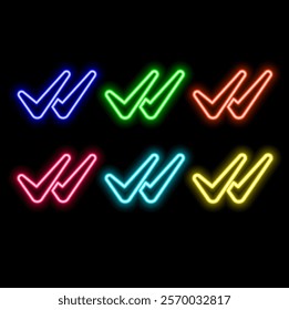 Glowing neon line Check mark in circle icon isolated on black background. Choice button sign. Checkmark symbol. Colorful outline concept..