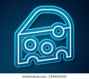 Glowing neon line Cheese icon isolated on blue background.  Vector