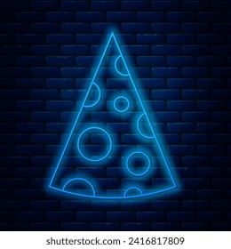Glowing neon line Cheese icon isolated on brick wall background.  Vector