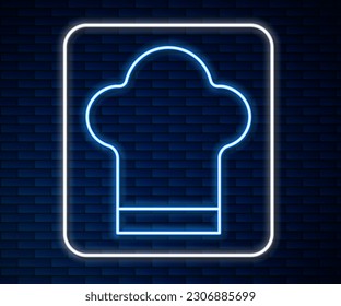 Glowing neon line Chef hat icon isolated on brick wall background. Cooking symbol. Cooks hat.  Vector
