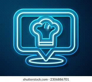 Glowing neon line Chef hat with location icon isolated on blue background. Cooking symbol. Cooks hat.  Vector