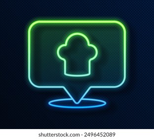 Glowing neon line Chef hat with location icon isolated on blue background. Cooking symbol. Cooks hat.  Vector