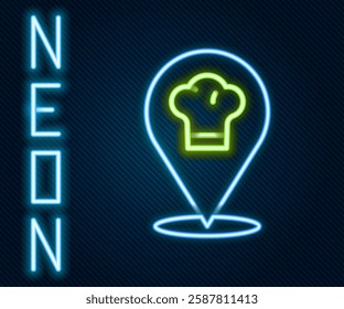 Glowing neon line Chef hat with location icon isolated on black background. Cooking symbol. Cooks hat. Colorful outline concept. Vector