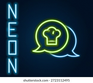 Sombrero de neón brillante del chef de la línea en icono de la burbuja del discurso aislado en fondo negro. Símbolo de cocina. Cocina sombrero. Concepto de contorno colorido. Vector