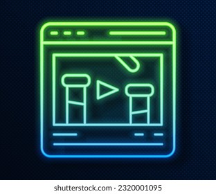 Glowing neon line Chemical experiment online icon isolated on blue background. Scientific experiment in the laboratory with chemical equipment.  Vector