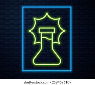 Glowing neon line Chemical experiment, explosion in the flask icon isolated on brick wall background. Chemical explosion in a test tube.  Vector