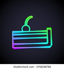 Glowing neon line Cherry cheesecake slice with fruit topping icon isolated on black background.  Vector