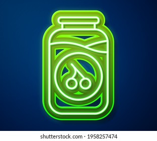 Glowing neon line Cherry jam jar icon isolated on blue background.  Vector