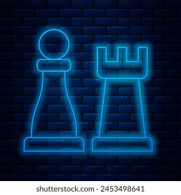 Glowing neon line Chess icon isolated on brick wall background. Business strategy. Game, management, finance.  Vector