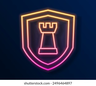 Glowing neon line Chess shield icon isolated on black background. Business strategy. Game, management, finance.  Vector