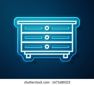 Glowing neon line Chest of drawers icon isolated on blue background.  Vector Illustration