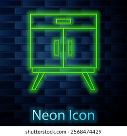 Glowing neon line Chest of drawers icon isolated on brick wall background.  Vector