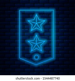 Glowing neon line Chevron icon isolated on brick wall background. Military badge sign.  Vector Illustration