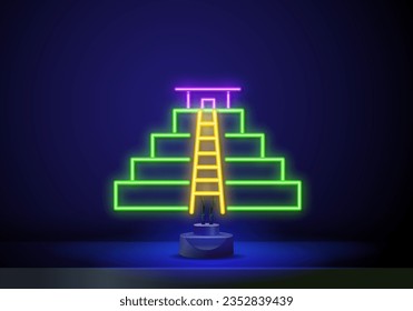 Glowing neon line Chichen Itza in Mayan icon isolated on brick wall background. Ancient Mayan pyramid. Famous monument of Mexico. Vector