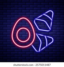 Glowing neon line Chicken egg with vegerables icon isolated on brick wall background. Colorful outline concept. Vector