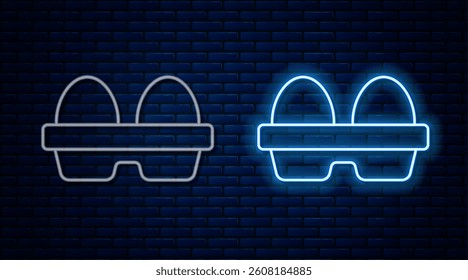 Glowing neon line Chicken egg in box icon isolated on brick wall background.  Vector
