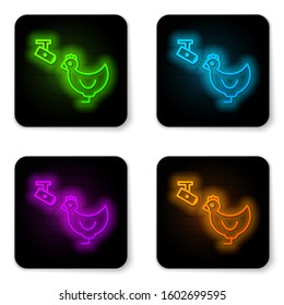 Glowing neon line Chicken farm and wireless Controlling CCTV security camera icon isolated on white background. Black square button. Vector Illustration