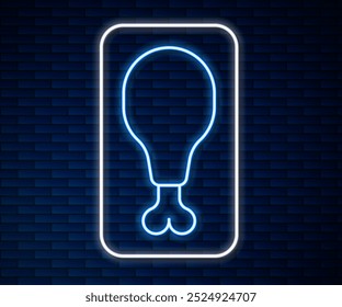 Icono de pierna de pollo de línea de neón brillante aislado en fondo de pared de ladrillo. Baqueta de pollo.  Vector