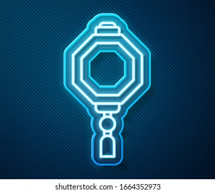 Glowing neon line Chinese paper lantern icon isolated on blue background.  Vector Illustration
