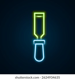 Herramienta de cincel de línea de neón brillante para icono de madera aislado sobre fondo negro. Concepto de contorno colorido. Vector